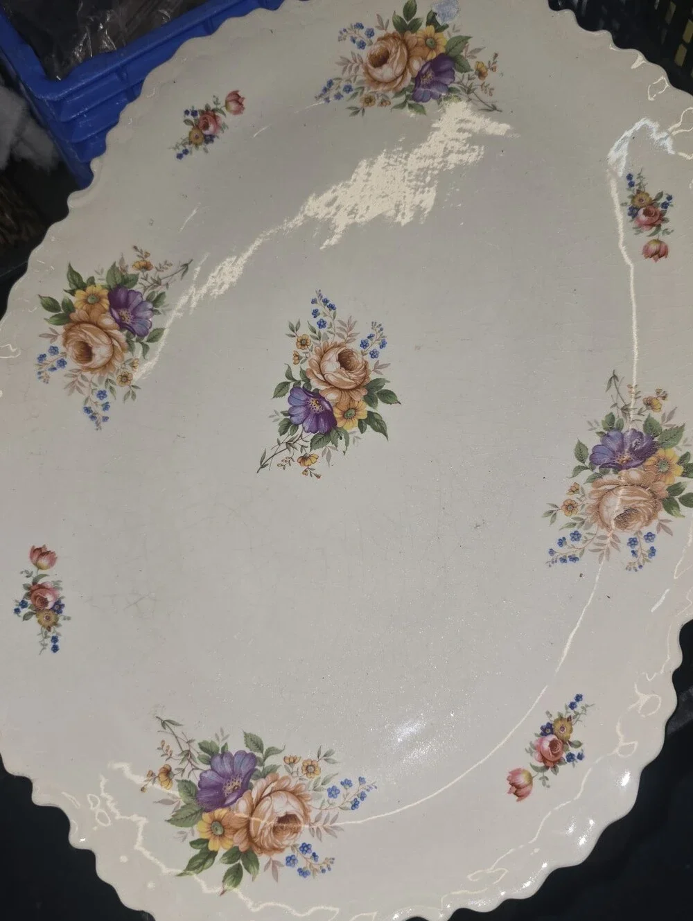 Rare 1940s Porcelain Compote 14 Inch Platter With Floral Details. Scalloped Edge
